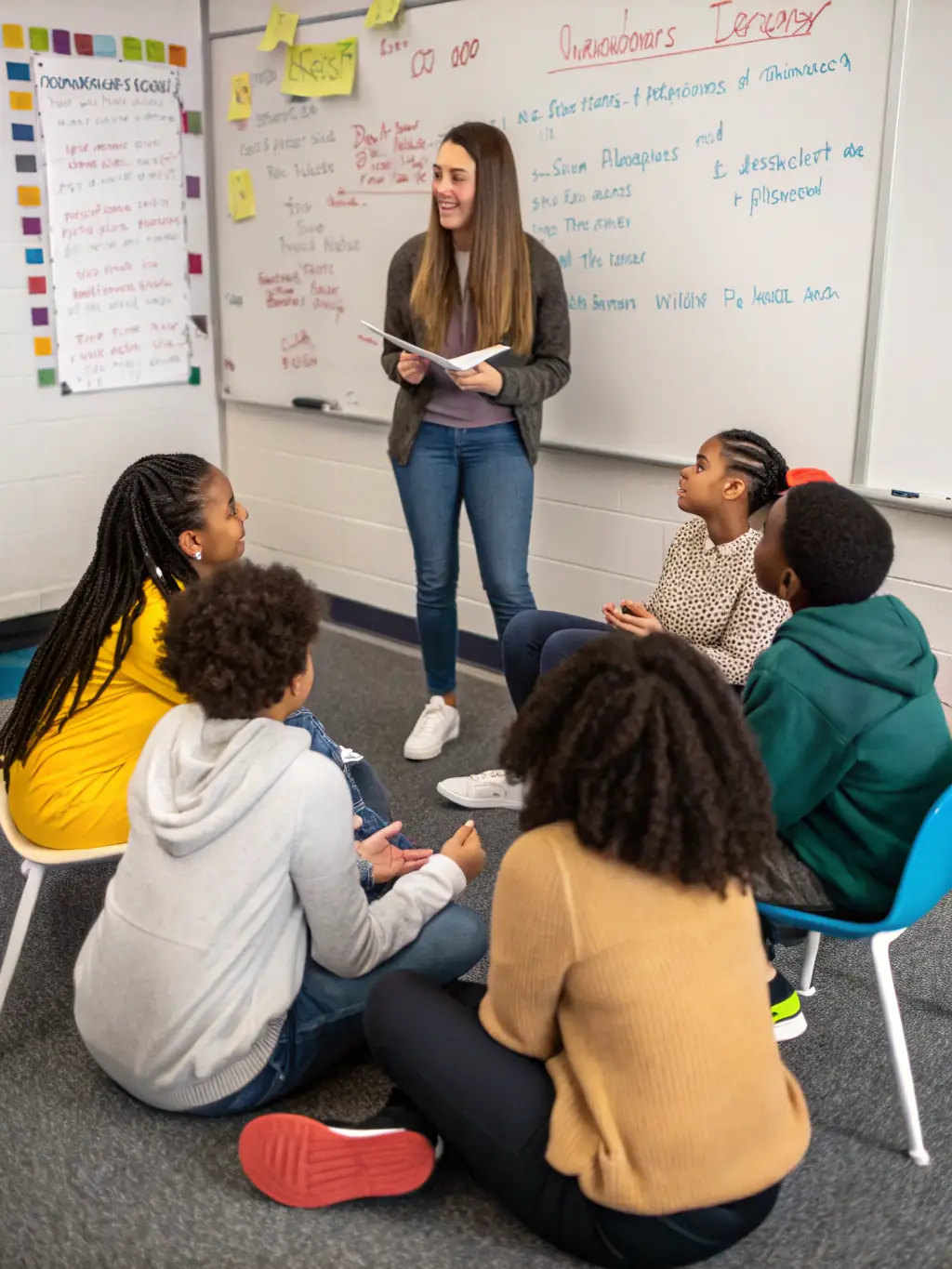 A picture of a counselor leading a group counseling session for adolescents, addressing issues such as bullying, peer pressure, and self-esteem.