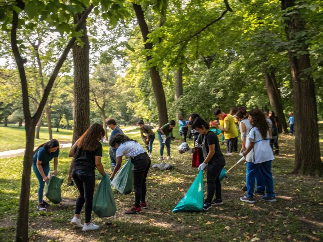 A group of young people participating in a community service project, such as cleaning up a local park, symbolizing SEAY's efforts to promote community involvement and social responsibility among youth.