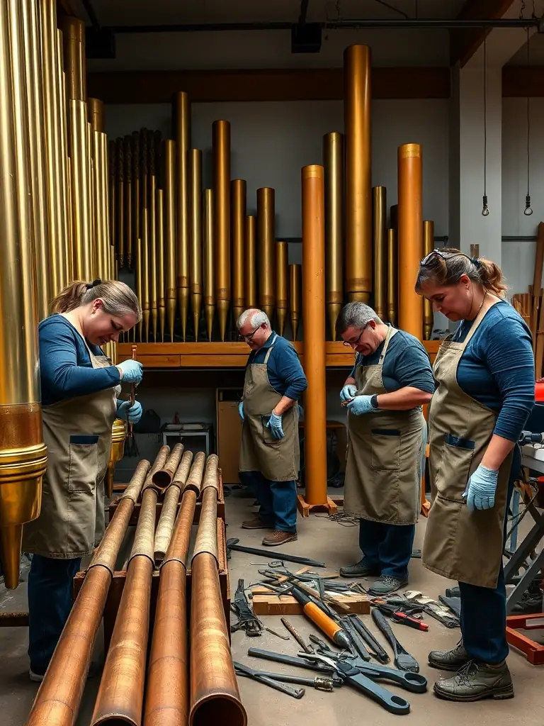 A photograph of volunteers working on the maintenance of the organ pipes, showcasing the community's involvement in preserving the instrument.