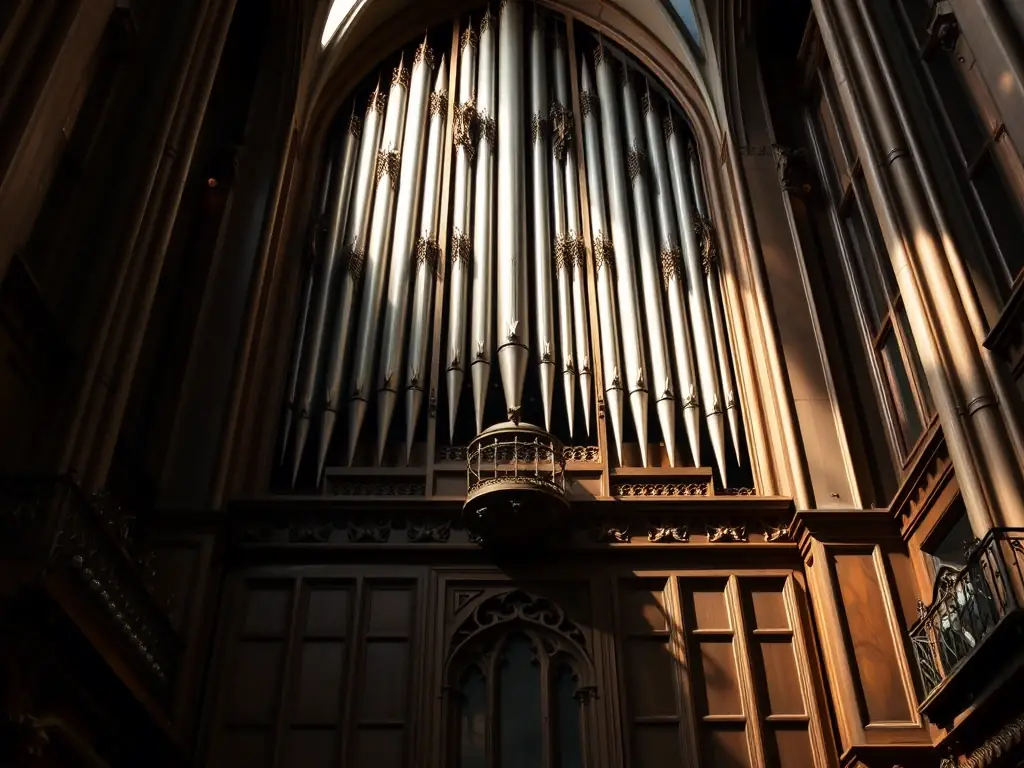 A high-angle shot of the Saint-Denis collegiate church organ in Amboise, showcasing its intricate details and historical significance. The lighting should emphasize the craftsmanship and age of the instrument.