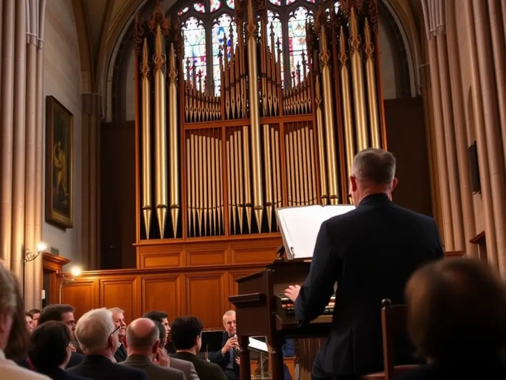 A photograph capturing a live organ concert at the Saint-Denis collegiate church, with the organist in action and the audience enjoying the performance. The atmosphere should be vibrant and engaging.