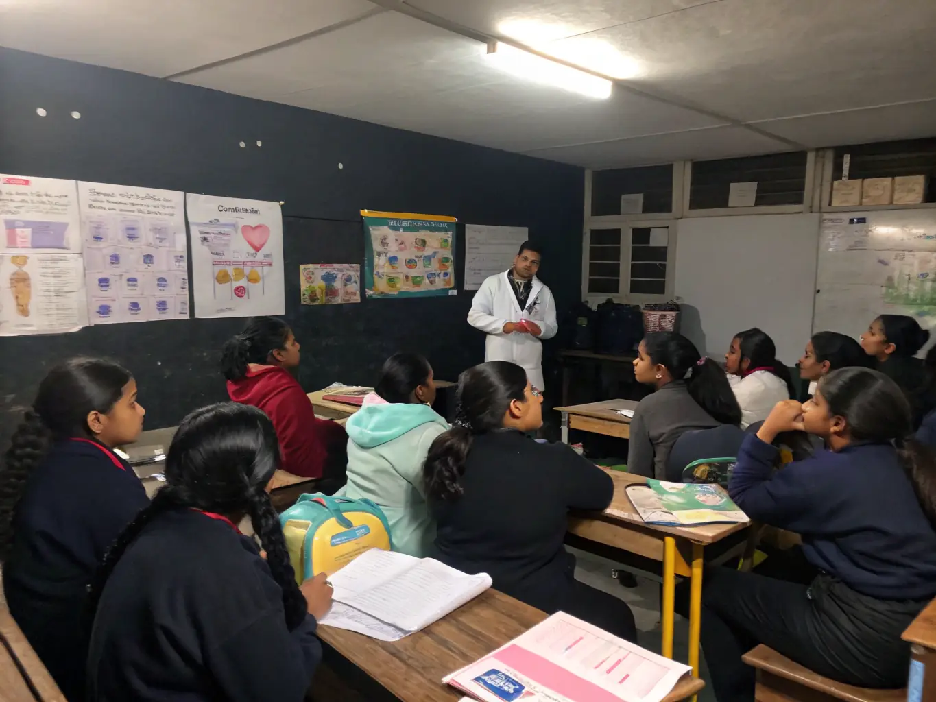 A group of students participating in an organ workshop, learning about the instrument's mechanics and history from an instructor. The setting should be educational and interactive.