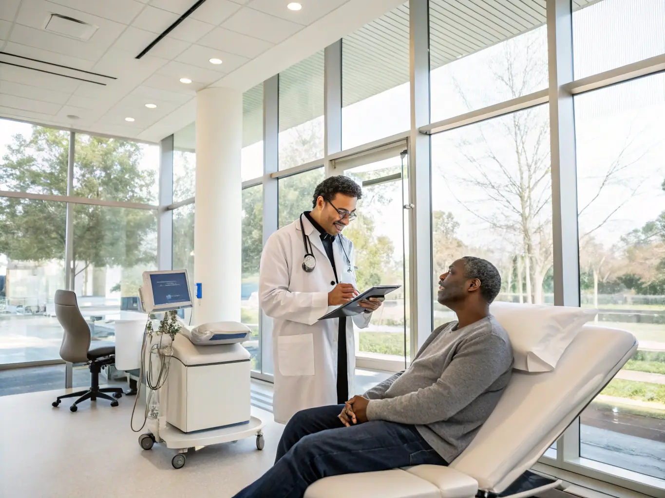 A healthcare worker providing consultation to a community member in a health clinic, illustrating ARSL HEAD OFFICE's healthcare support services.