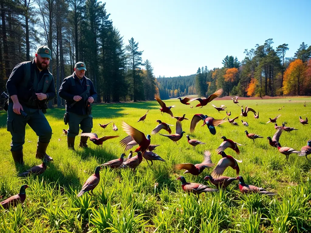 A group of hunters participating in a wildlife restocking program, releasing young pheasants into a protected habitat. The scene emphasizes the club's commitment to increasing game populations.