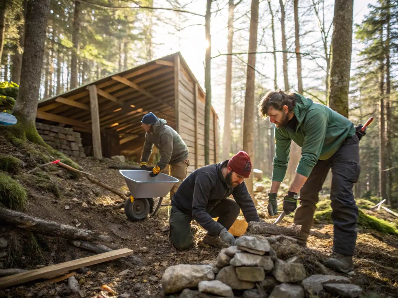 A photograph of club members constructing a wildlife observation blind in a forest clearing. The image highlights the club's dedication to habitat improvement and conservation.