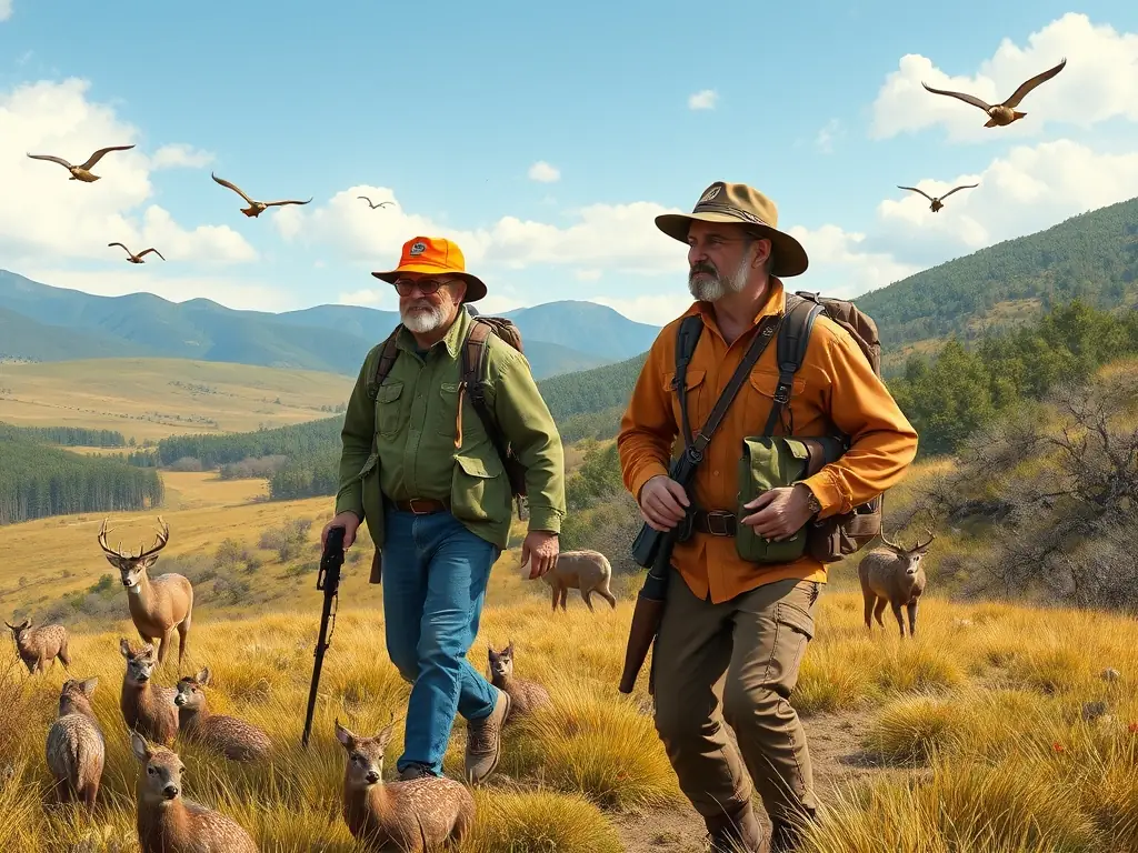 A picture of hunters attending a workshop on responsible hunting practices and wildlife conservation, led by experienced conservationists.