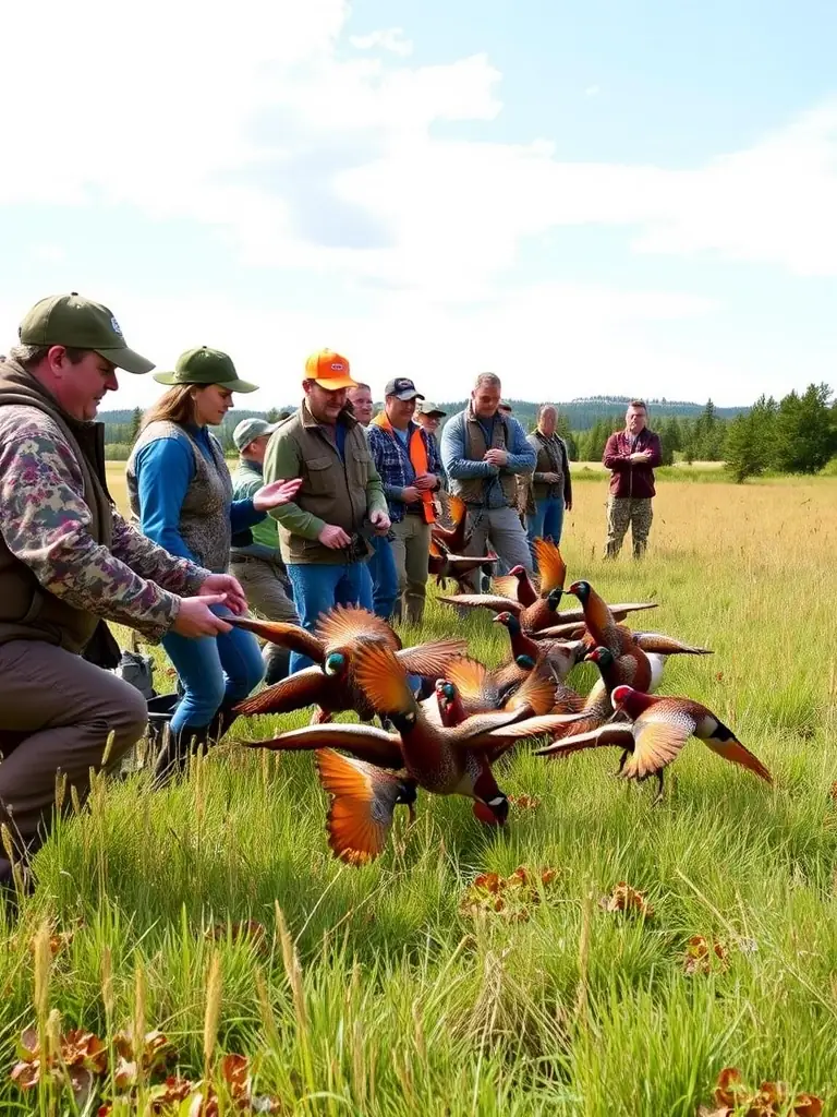 A hunter releasing a pheasant into a managed habitat, showcasing the club's commitment to wildlife conservation and restocking efforts.