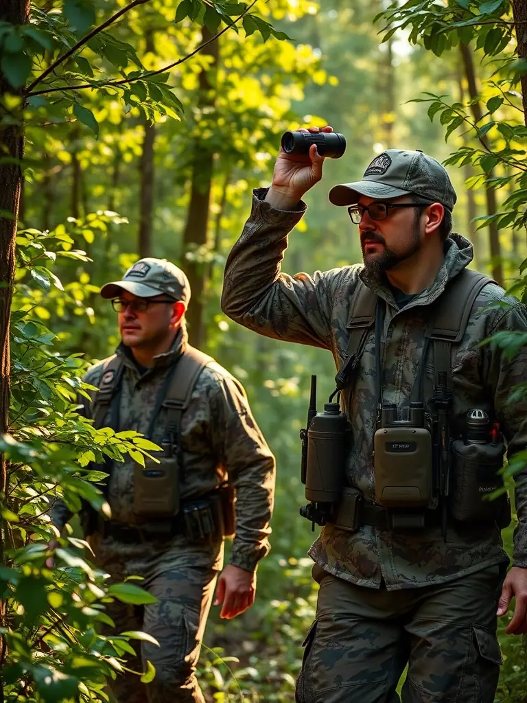 A group of hunters in camouflage gear walking through a dense forest, carrying rifles and binoculars, symbolizing the exclusive access to prime hunting locations.