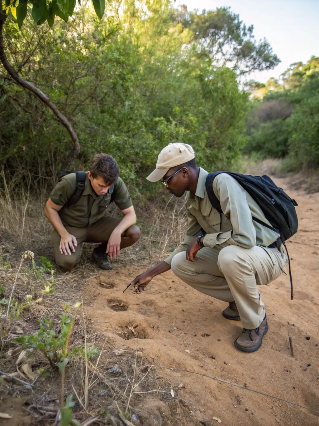 An experienced hunting guide pointing out animal tracks to a novice hunter, illustrating the expert guidance and mentorship provided by the club.