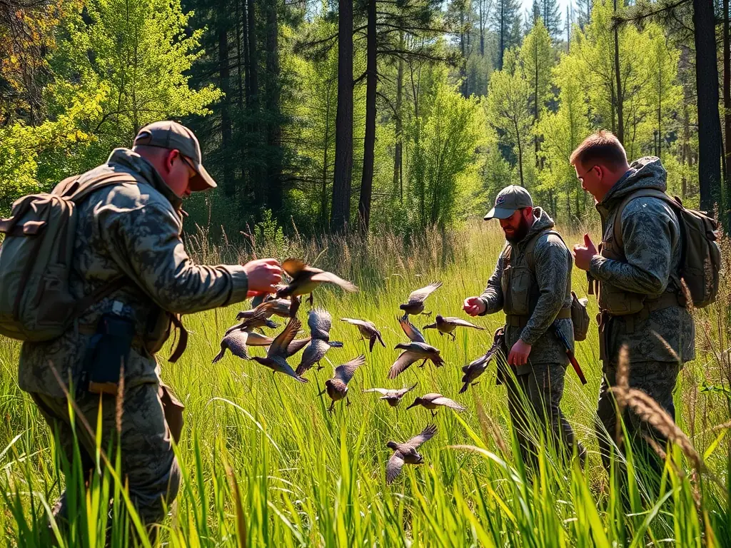 A photograph capturing a group of club members releasing young pheasants into a managed habitat, showcasing the club's restocking efforts.